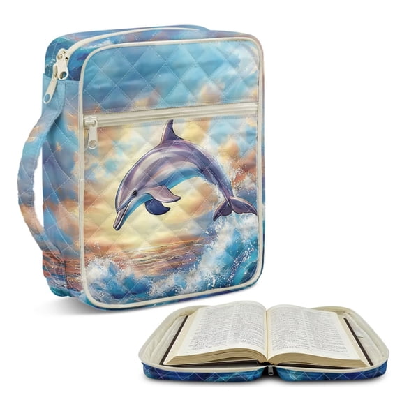 TSOVTHRID Dolphin Sunset Sky Print Bible Cover Case Church Bag for Christian, Bible Case with Portable Handle, Zippered Blue Quilted Bibles Protective Cover for Women Men, 10.6 x 8.3 x 2.2 Inch