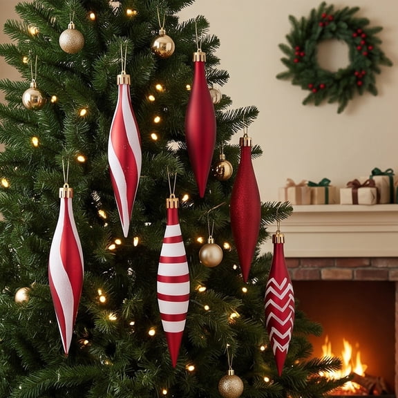 6 Pcs Red And White Christmas Tree Ornaments, Assorted Hanging Icicle Decorations, Elegant Holiday Accents, For Xmas Tree, 6.3×5.91×1.18in