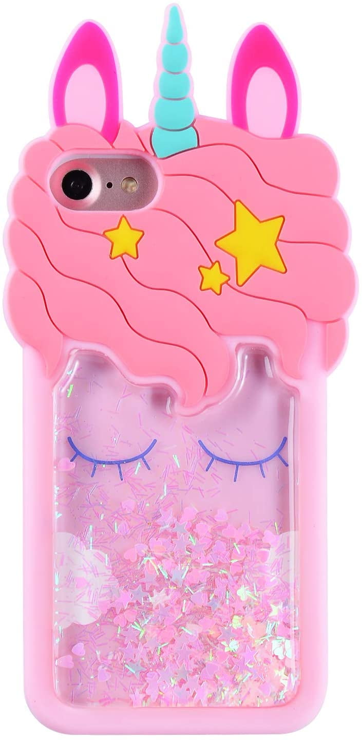 SevenPanda Silicone Quicksand Cartoon Star Cute Adorable 3D Eyelash Ears Design Case Protective Soft Cover for iPhone 7 Plus/iPhone 8 Plus 5.5 Pink Quicksand Unicorn Case Cover for iPhone 8 Plus 