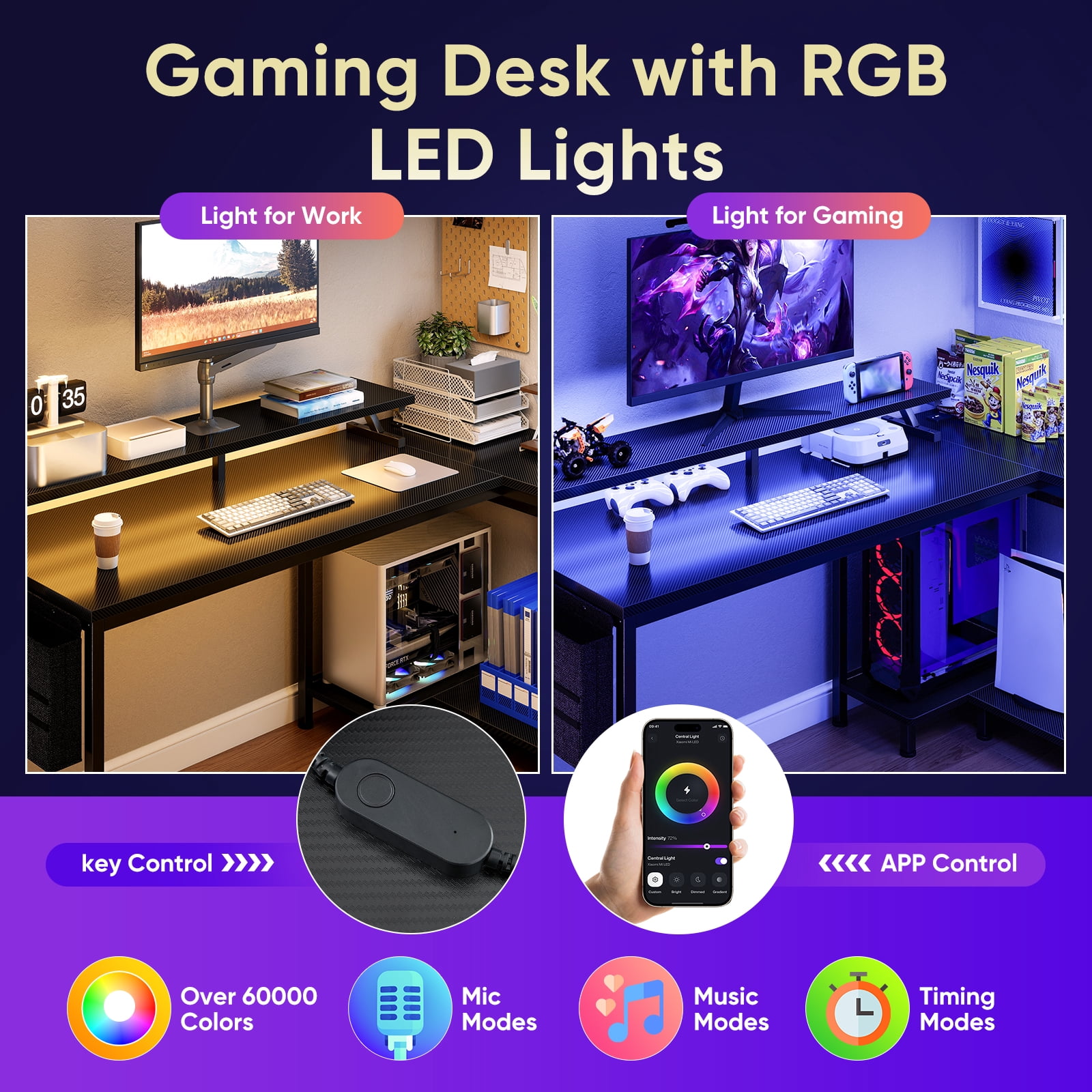 Gianna L-Shaped Gaming Desk with LED Lights, USB-C Charging and Monitor Stand