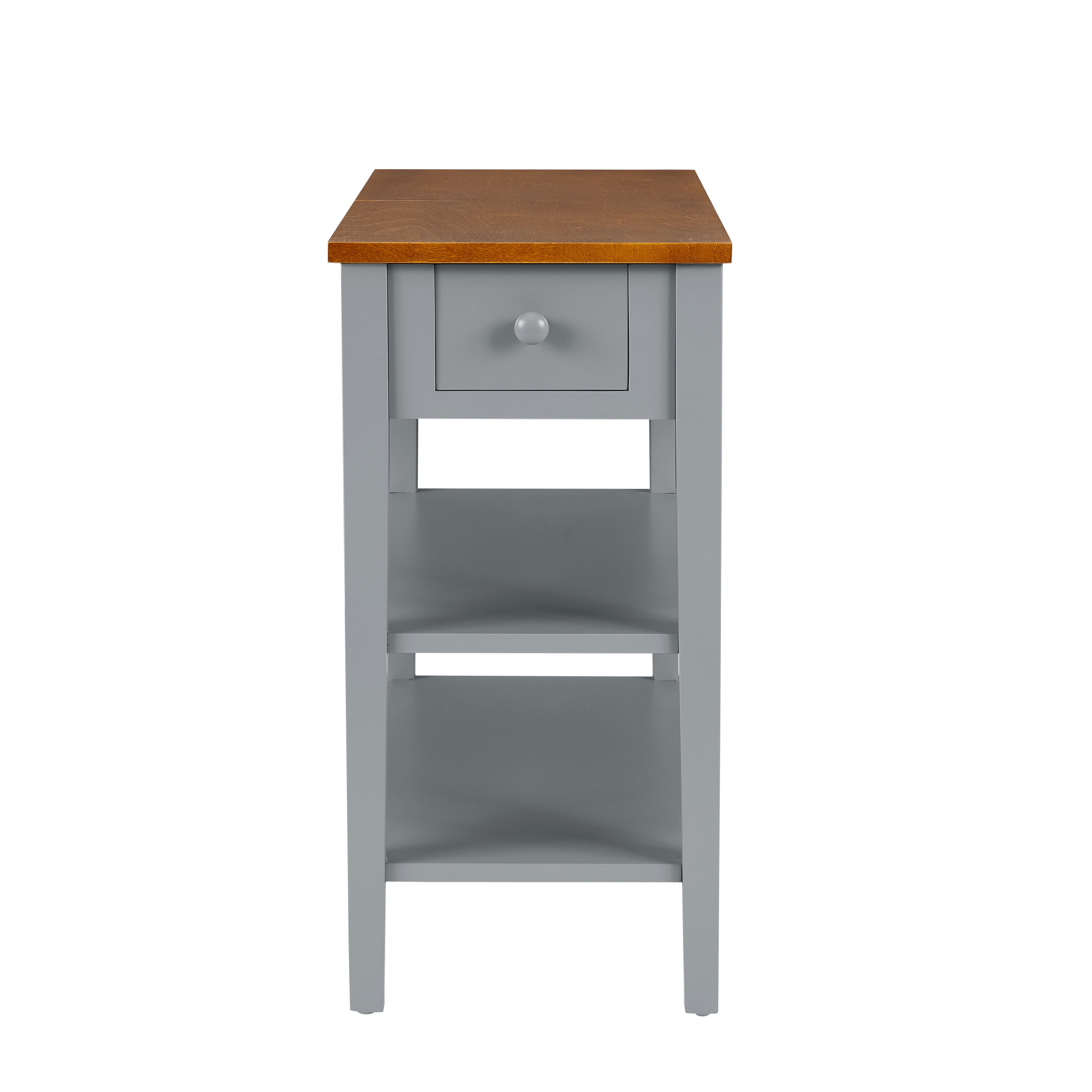 PORKISS End Table, Wooden Night Stand with USB Charging Ports and Open Shelves, Narrow Beside Table with Drawer, Flip Top and Solid Wood Legs, Modern Side Table for Living Room Bedroom, Gray/Walnut