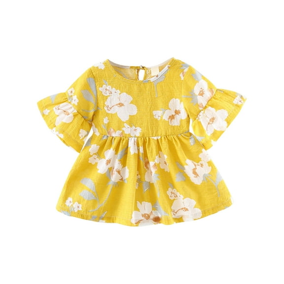 Odeerbi Girls Dress Baby Girls Clothes Toddler Kids Cute Summer Flowers Print Short Sleeve Dress Skirt Yellow