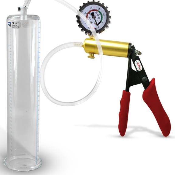 LeLuv Ultima Penis Pump, Brass w/ Red Handle, Silicone Grip, Clear Hose Protected Gauge | 12" x 2.50" Cylinder