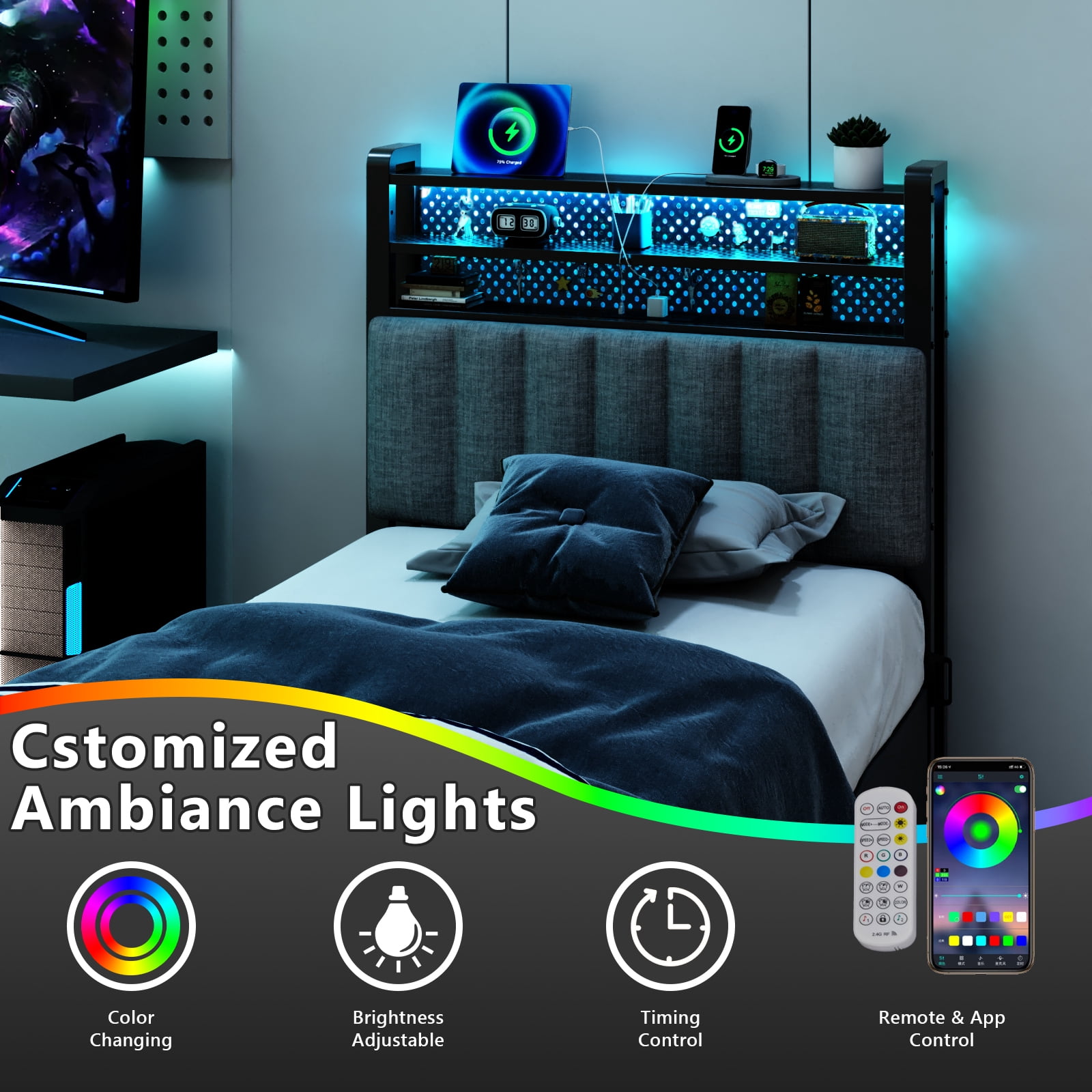 Zimtown Headboard for Twin Size Bed with Storage, Linen Upholstered Head Board with LED Light and Charging Station, Gray