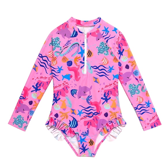 NIPAXO Girls One Piece Swimsuit Long Sleeve Front Zipper Ocean Sea Creature Marine Life Print Ruffle Rash Guard Swimwear for Girls Age 4 Years (Pink)