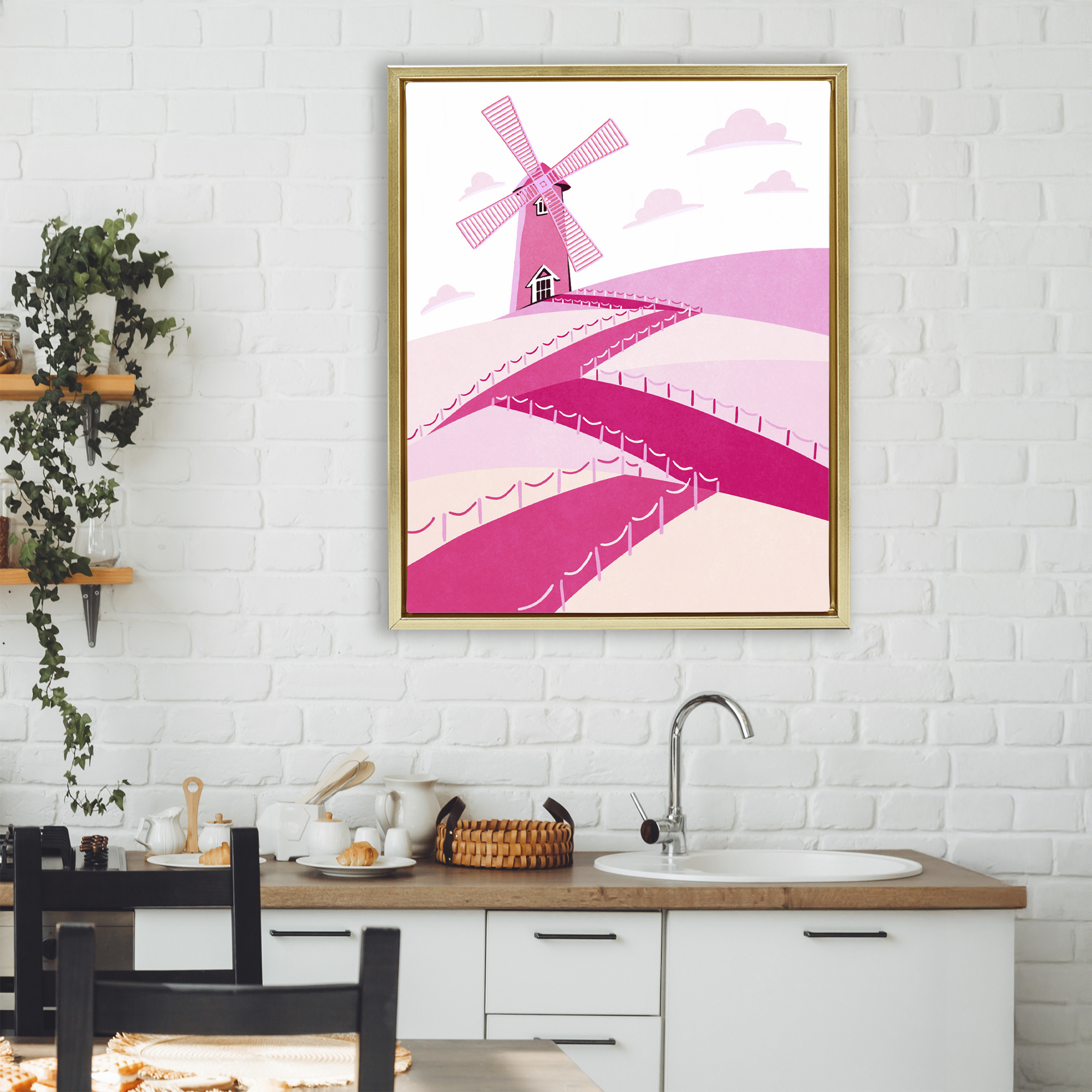Pink Hills and Windmill Gold Framed Floater Canvas Wall Art, design by Ziwei Li