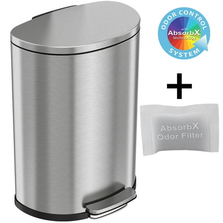 iTouchless Step Pedal Kitchen Trash Can with AbsorbX Odor Filter and Removable Inner Bucket 13.2 Gallon Semi-Round Stainless Steel