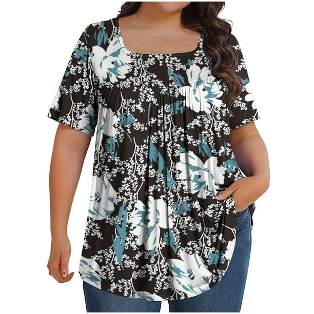 Tops Cortos para las Mujeres Impreso Cuello de Gran Tamaño Plisado Manga Corta Suelta Superior en Tamaños Más L-5xl