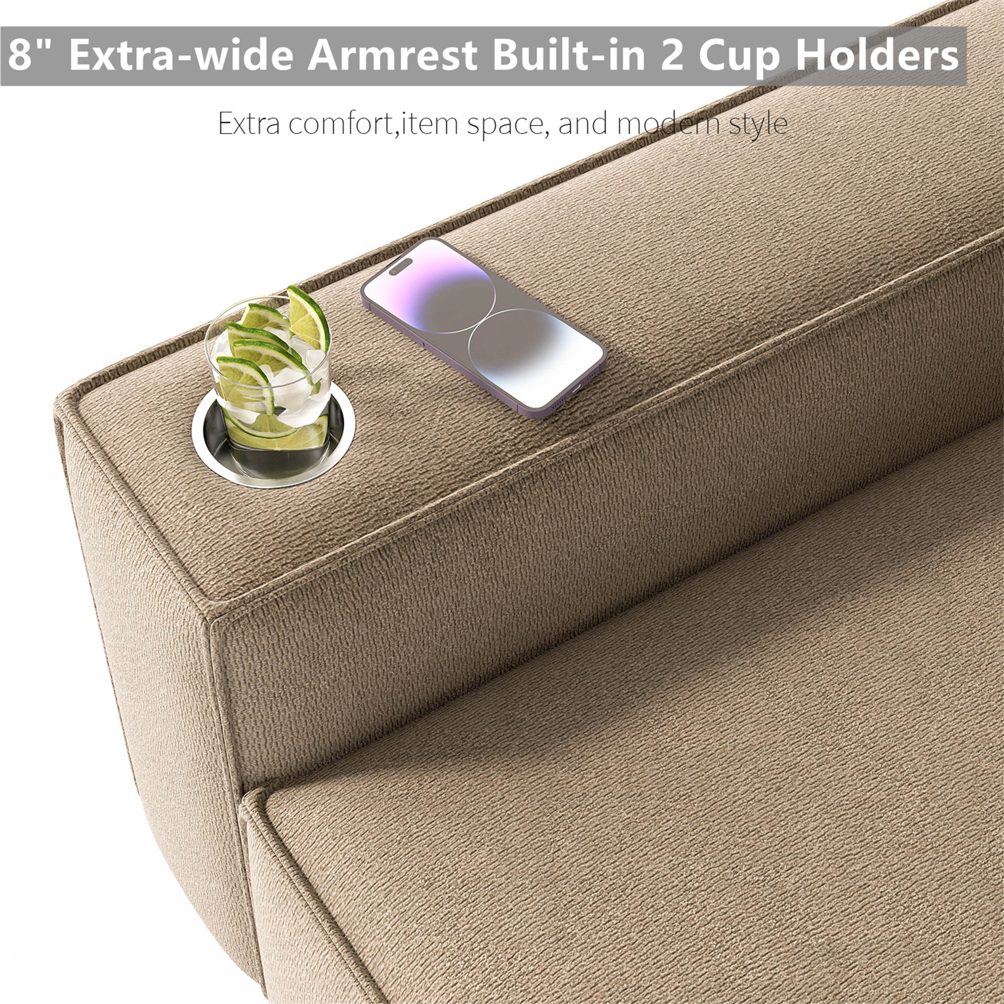 Aukfa 3 Piece Sofa Set - 71" Deep Seat Couch Loveseat Couch with Cup Holders&Pillows, Chenille, Khaki