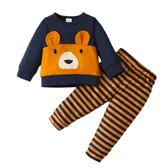 Kucnuzki 6 Months Newborn Baby Boy Winter Outfits Pants Sets 9 Months Long Sleeve Cute Bear Look Panel Color-Blocked Sweatshirt Elastic Striped Pants 2PCS Set Blue