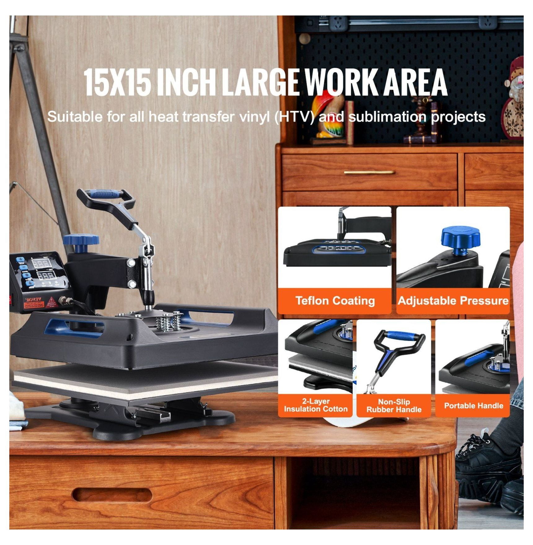 TriGol Heat Press 15x15 5 in 1, Swing Away Heat Press Machine for T-Shirts, Hats, Mugs, Plates, Sublimation Transfers, Digital Control, Fast Heating