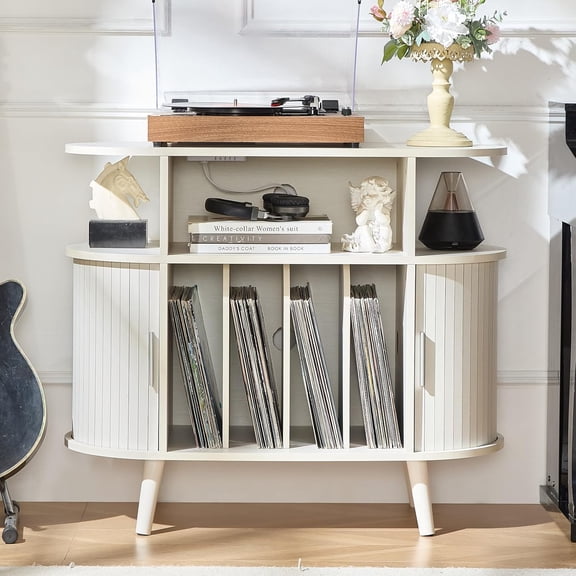 YANGLI Round Record Player Stand with Charging Station & Fluted Shelf, White