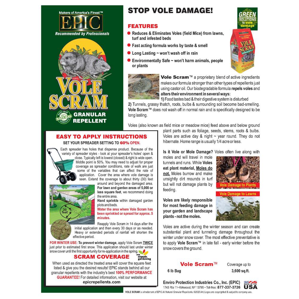 EPIC Vole Scram Outdoor Organic All Natural Granular Repellent, 6 Pound Bucket