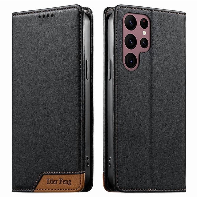 Funda Tipo Cartera de Cuero Sintético para Samsung Galaxy S22 Ultra Bloqueo RFID, con Ranuras para Tarjetas y Bolsillo para Efectivo, Cierre Magnético Fuerte Negro
