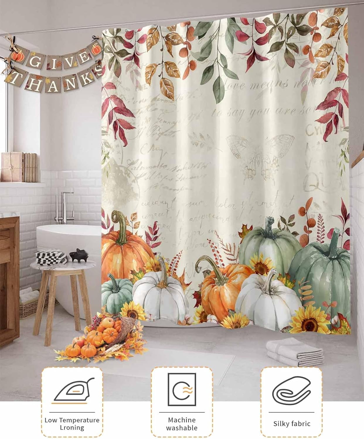 Fall Shower Curtain Sage Green Pumpkin Shower Curtains for Bathroom Sunflower Eucalyptus Leaves Retro Bath Curtains Sets with Hooks for Autumn Thanksgiving Seasonal Decor Extra Long 84" X 72"