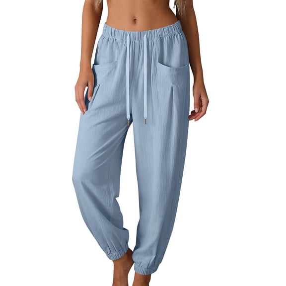 hlysgo Pajama Lightweight Pants for Women Elastic Drawstring Waist Trousers Wide Leg Soft Comfort Sleeping Pant with Pockets Light Blue,S