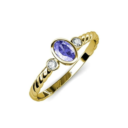 

Tanzanite and Diamond (SI2-I1 G-H) Three Stone Rope Ring 0.58 ct tw in 14K Yellow Gold.size 9.0