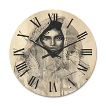 Designart 'Black and White Portrait of Young Indian Woman I' Modern Wood Wall Clock