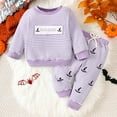 thumbnail image 4 of LIIPEE Girls Outfits Halloween Cartoon Letter Cap Embroidery Long Sleeve Round Neck Striped Sweatshirt Pants Set Toddler Handsome Climbing Hiking Camping Cycling Outfit,Purple,12-18 Months, 4 of 8
