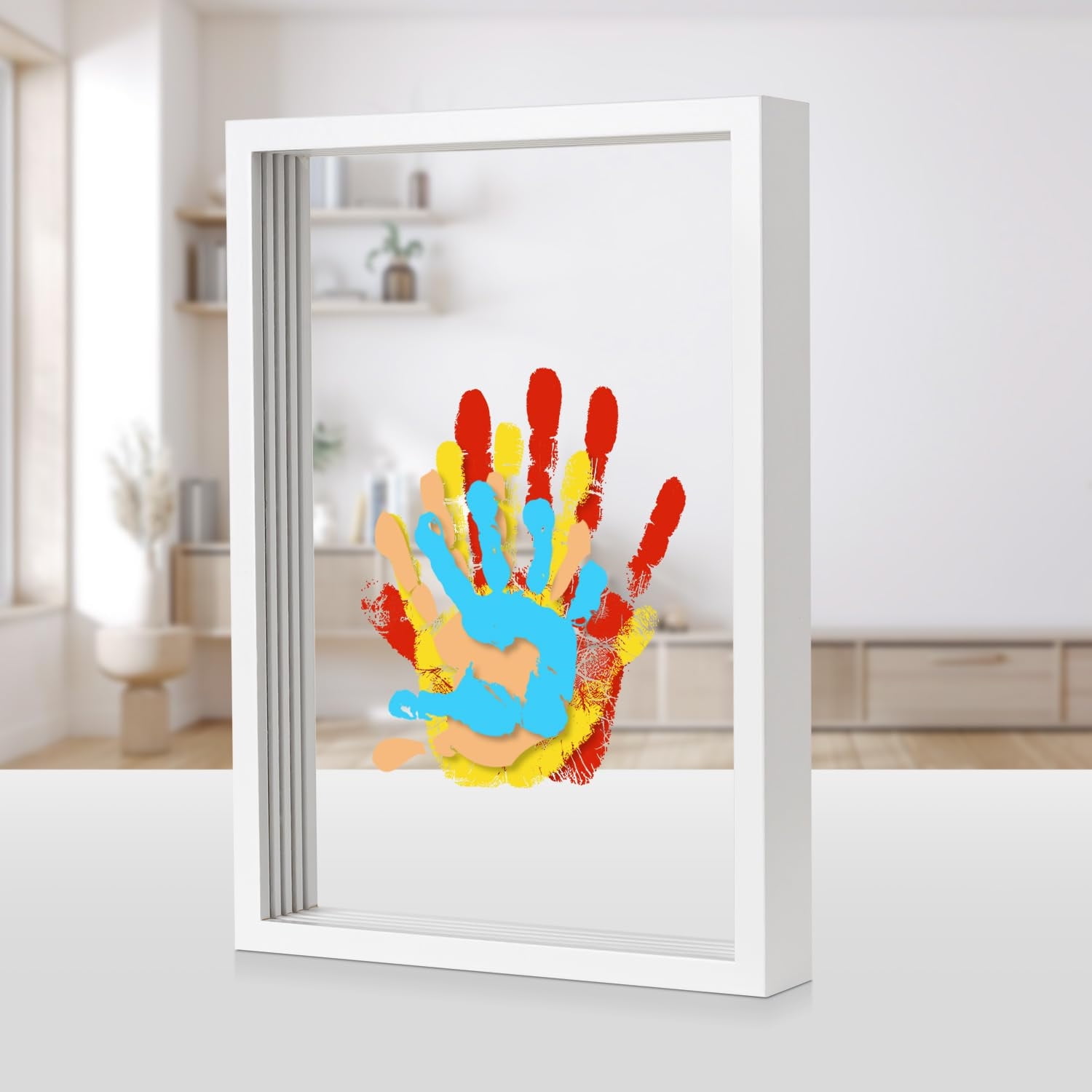 Family Handprint Kit, DIY Craft Keepsake Frame,Baby Hand Print Kits,Handmade Keepsake Wooden Frame Endless Gift Set 4 Transparent Sheets 6 Non -Toxic Paint Colors,Family Gifts for New Mom, New Parents