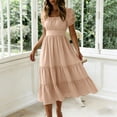 thumbnail image 2 of PRINxy Women's Square Neck Puff Short Sleeve Tiered Midi Dress High Waist A Line Casual Dress for Summer Daily Wear Vacation Khaki M, 2 of 5