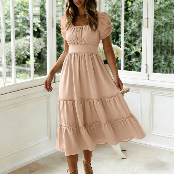Ovbmpzd Plain Flowy Casual Summer Dresses for Women Khaki Puff Sleeve A-Line Smocked Square Neckline Long Summer Dresses for Women,S