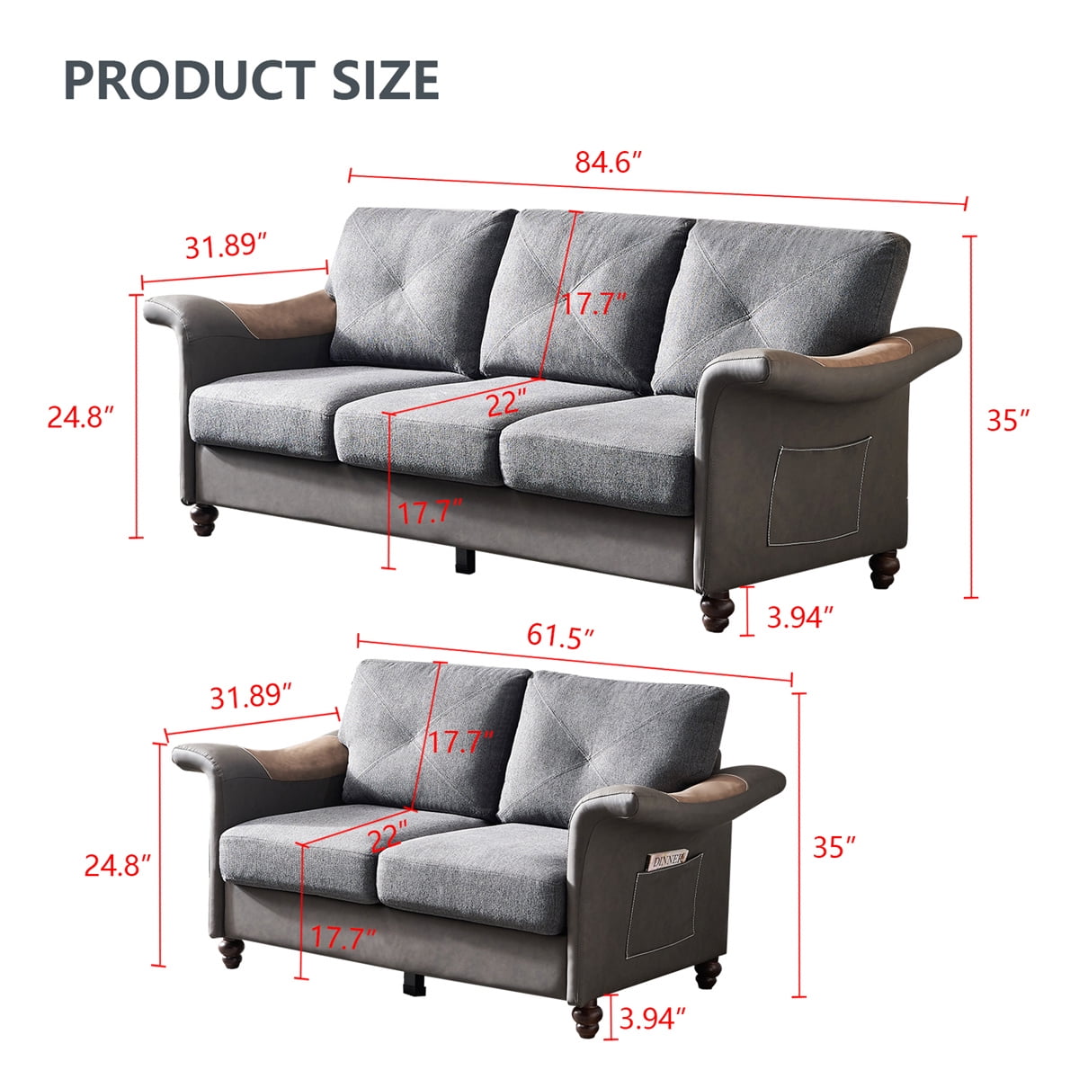 2 Pieces Sofa Set, 3 Seater Sofa and Loveseat Couch, Linen Fabric Faux  Leather Sofa with Under Seat Storage and Solid Wood Legs, Modern Accent  Sofa for Living Room Apartment, Dark Gray -