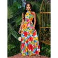 thumbnail image 5 of Womens Red Allover Tropical Floral Print Halter Neck Maxi Dress With Self-Tie Belt, Flowing Vacation Style, 5 of 8