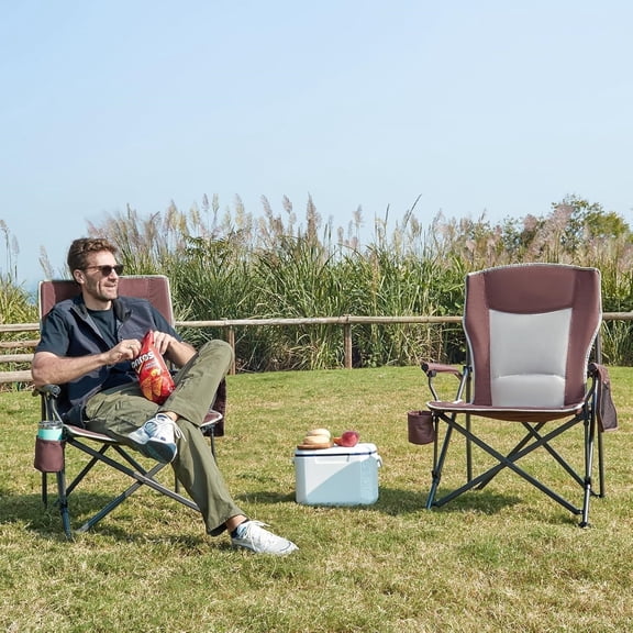 Oversized Folding Camping Chair, for Adults Heavy Duty Lawn Chair with Side Pockets, Portable Collapsible Quad Chair for Outside, Support Up to 500lbs, Red 2Pack