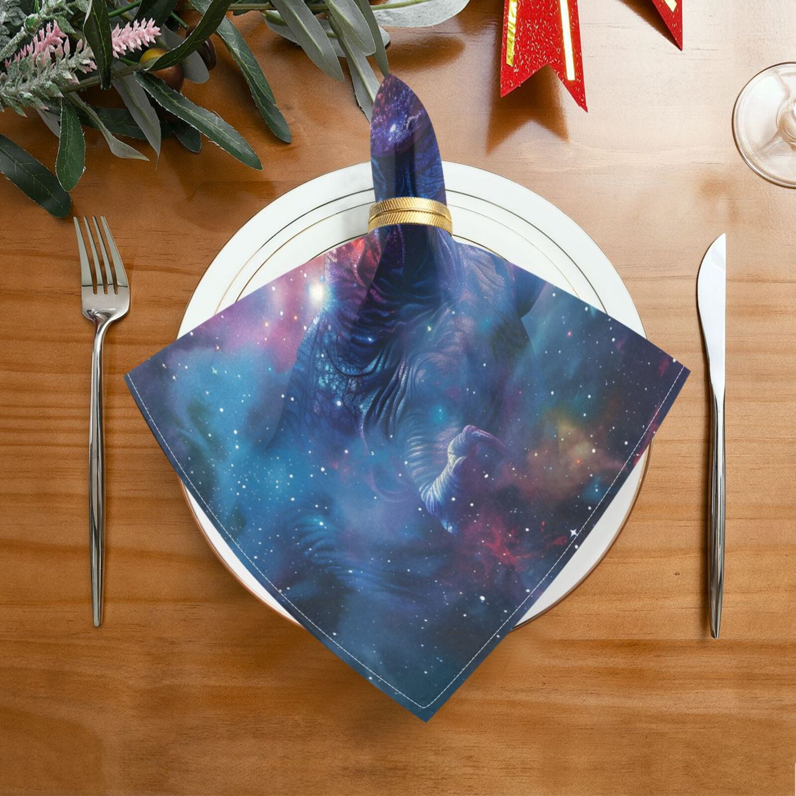 JSTEL T-rex Dinosaur Tyrannosaurus Dino Nebula Cloth Napkins Set of 6, 20x20 Inch Washable and Reusable Napkin for Decoupage Dinner Party Everyday Use