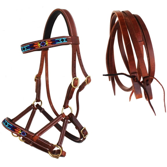 Horse Western English Leather Beaded Bitless Sidepull Bridle Reins 77RS16TN-F