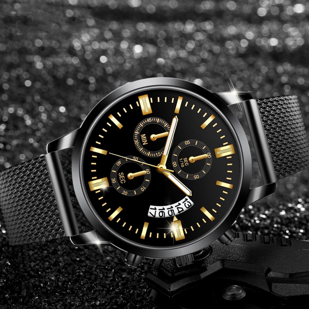 Fashion Men Male Casual Watch Colorful Round Dial Quartz Business Wristwatch Black Gold