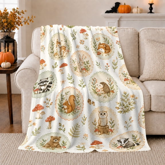 Woodland Animals with Mushrooms and Leaves, Whimsical Forest Style for Nature Lovers, Storybook Wildlife Motif and Birthday Gift, Cozy Flannel Blanket for Nursery and Bedroom, Home Decor