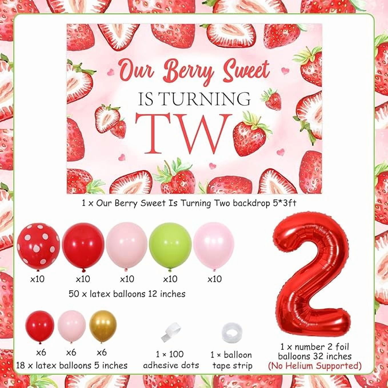 Two Sweet Strawberry Birthday Decorations, Fruit Berry 2nd Birthday Decorations for Girls - Strawberry Balloon Arch Kit with Our Berry Sweet Is Turning Two Backdrop, Foil Balloons