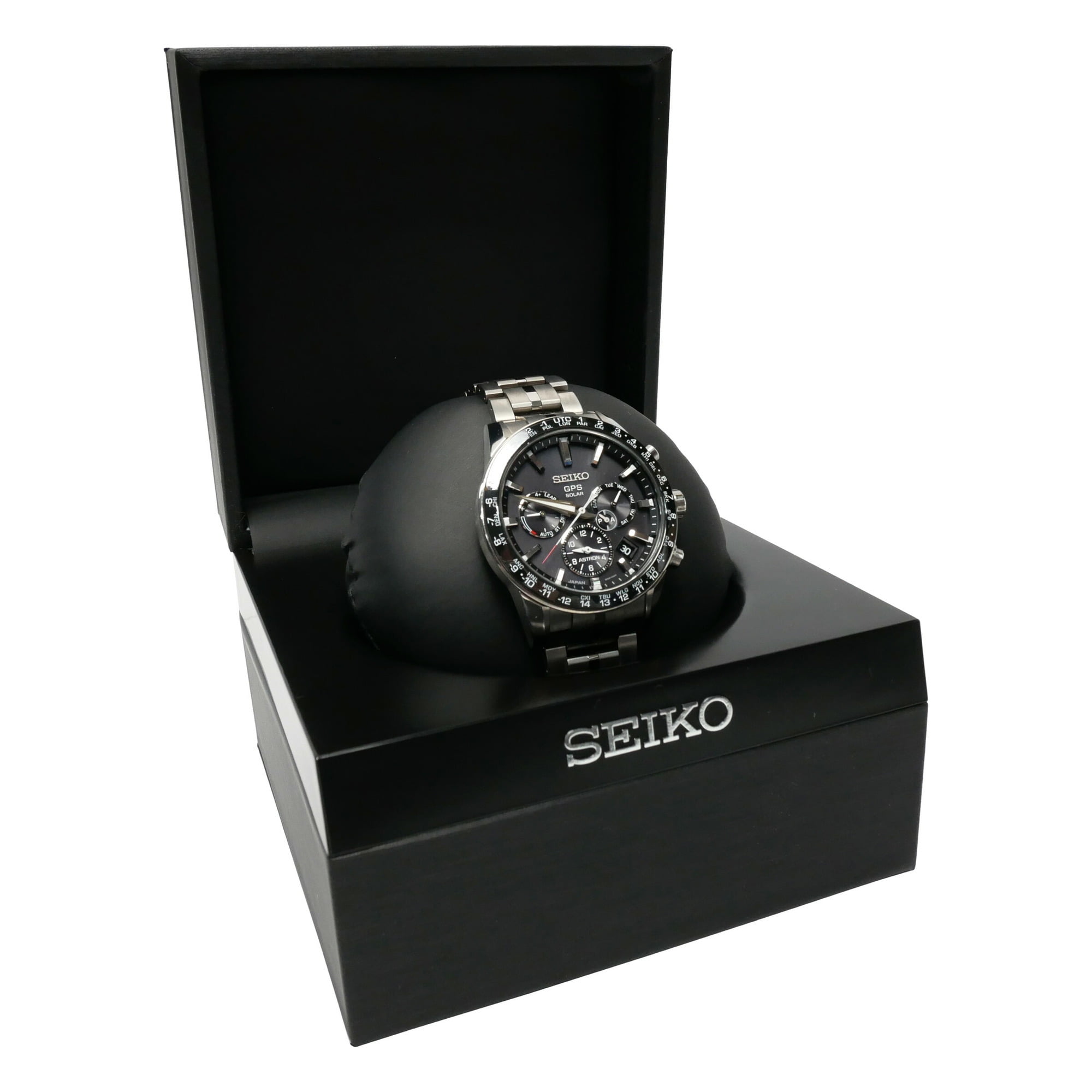Authenticated Used SEIKO ASTRON ass Tron clock wristwatch chronograph men's  GPS solar date display 10 ATM water resistant round black dial titanium  silver / SBXC003 5X53-0AB0 