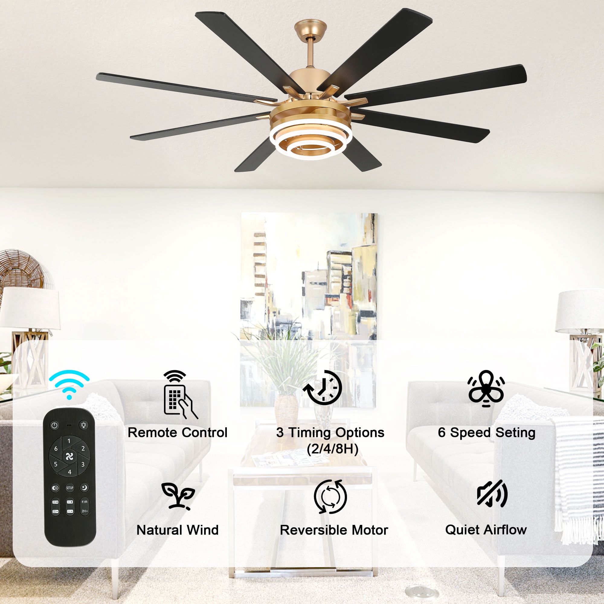 Bella Depot 72" Modern LED Gold Ceiling Fan 6-Speed Reversible DIY Shape Chandelier With Dimmable Light and Remote Control