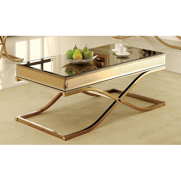 Furniture of America Dorelle Contemporary Glass Top Coffee Table, Brass