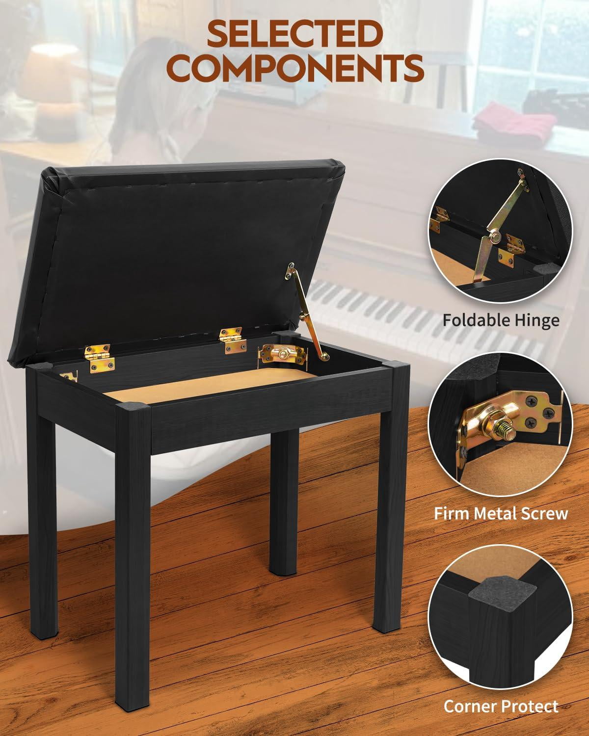 Piano Bench With Storage  Solid Wood Keyboard Bookcase Stool Chair Seat Padded Cushion Black
