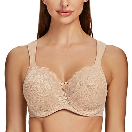 MELENECA Women s Floral Lace Non-Padded Minimizer Full coverage Underwire Bra Pale Nude-Lace 42H