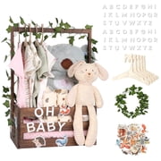 Tesabmi Baby Shower Crate Closet, Personalized Wooden Baby Shower Gift Basket with Custom Name Letters, Clothes Hangers and Vine, Brown
