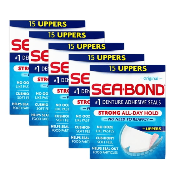 5 Pack - Sea Bond Secure Denture Adhesive Seals, Original Uppers, Zinc-Free, All-Day-Hold, Mess-Free, 15 Count