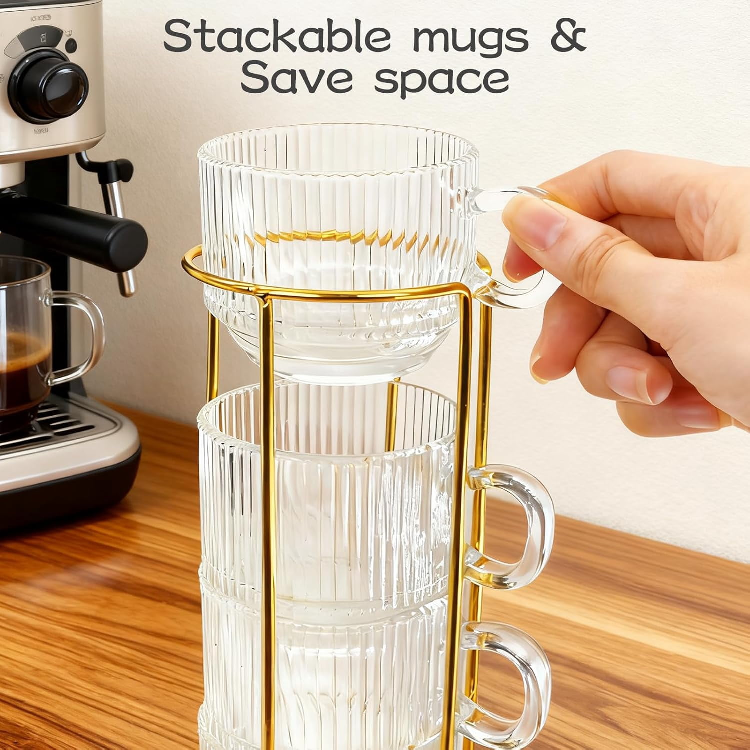 5.4 oz Espresso Cups Set of 4,Clear Glass Coffee with Saucers Spoons and Cup holder,Stackable Small for Espresso,Latte,Cappuccino,Tea
