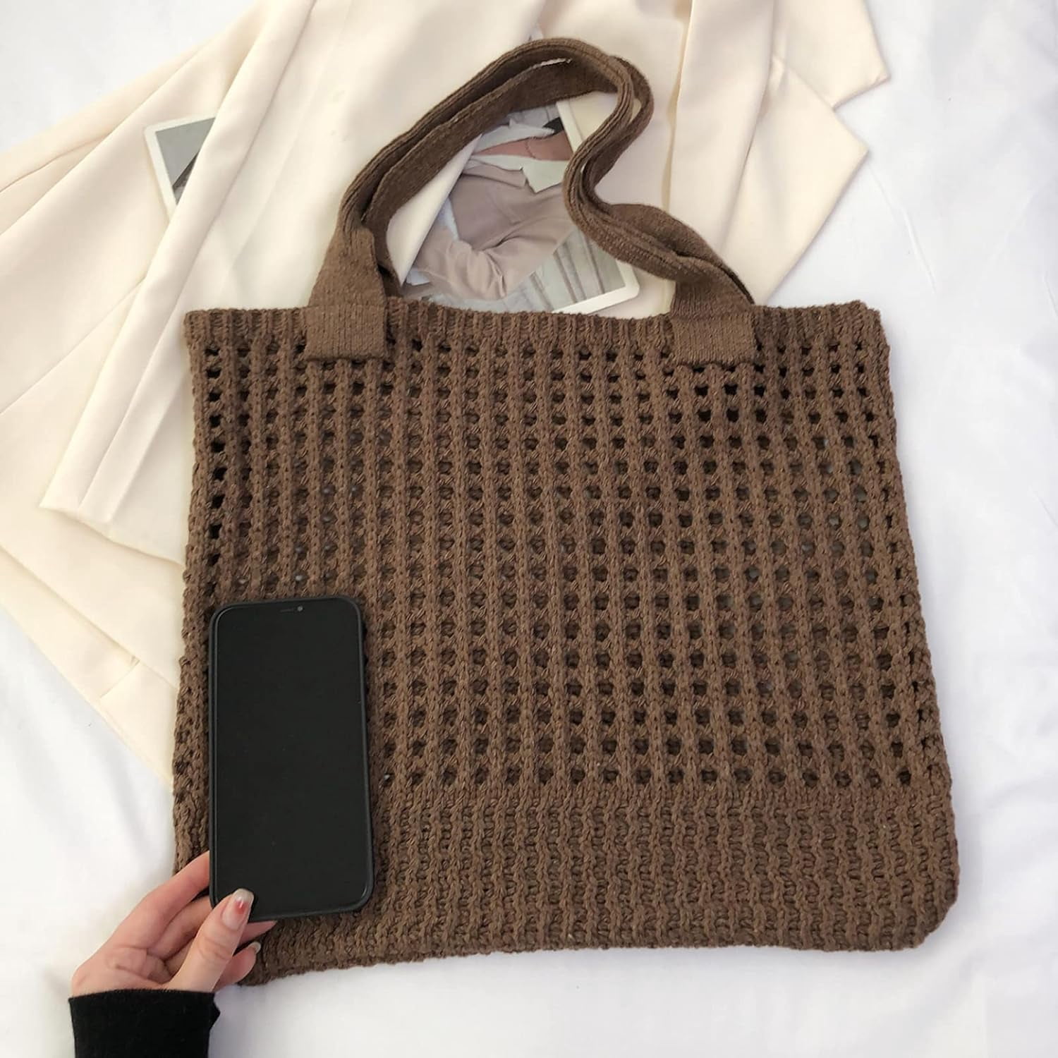 Kukuzhu Crochet Beach Bags for Women, Woven Travel Tote Fishing Net Handbag Shopping Large Hobo Shoulder Bag for for Holiday
