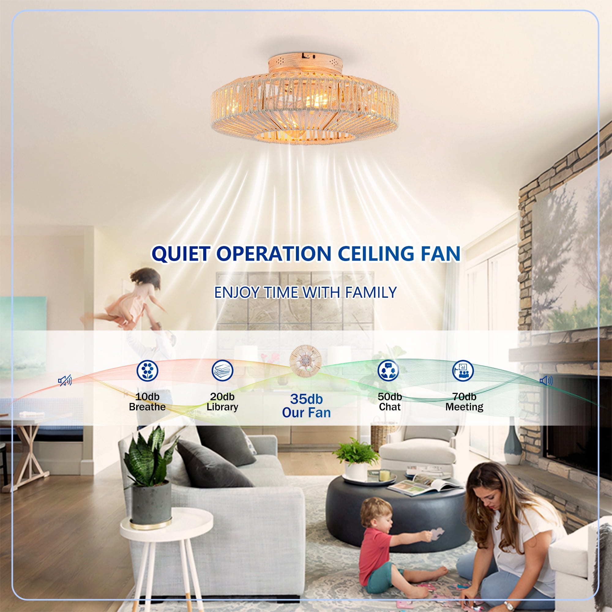 Leumius 20" Rope Caged Ceiling Fans with Light and Remote, Low Profile Chandelier 6 Speed DC Motor Reversible Ceiling Fan for Living Room Bedroom Matte White (NOT Included Bulbs)