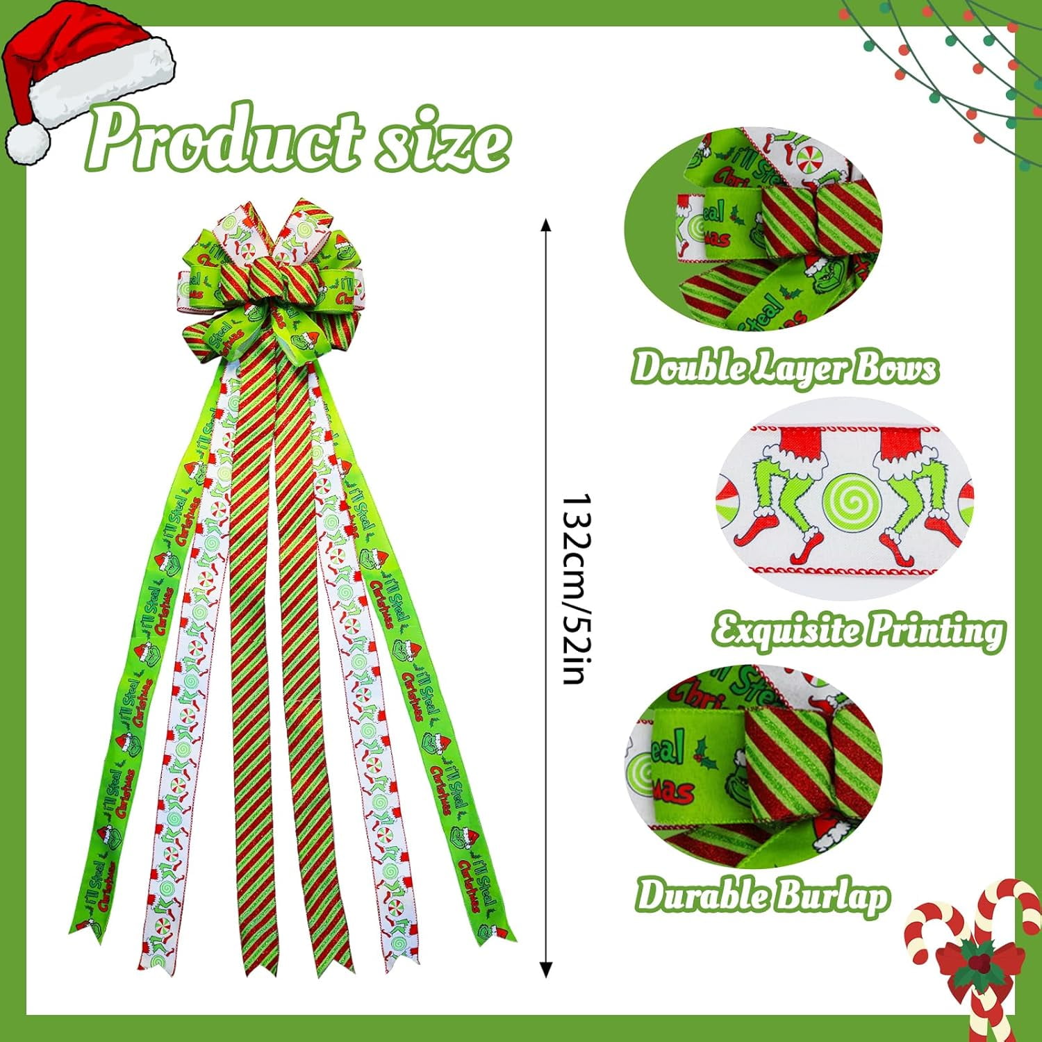 Large Christmas Tree Topper Bow 52x13 Inch, Pre-Tied Wired Ribbon Wreath Bows, Xmas Ornaments with Long Wired Edge Streamer for Holiday Thanksgiving Indoor Outdoor Party Decoration (Green)