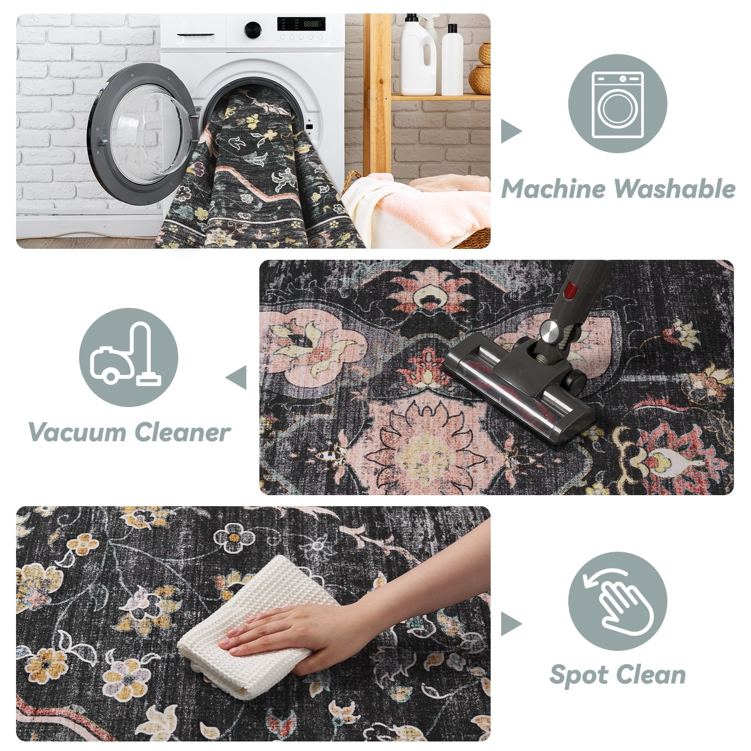 VUNATE 9'x12' Area Rugs for Living Room Washable Rugs Floral Vintage Area Rug Botanical Indoor Carpet Soft Rugs for Bedroom Office Dining Room Kitchen Accent Rug Contemporary Home Decor Black