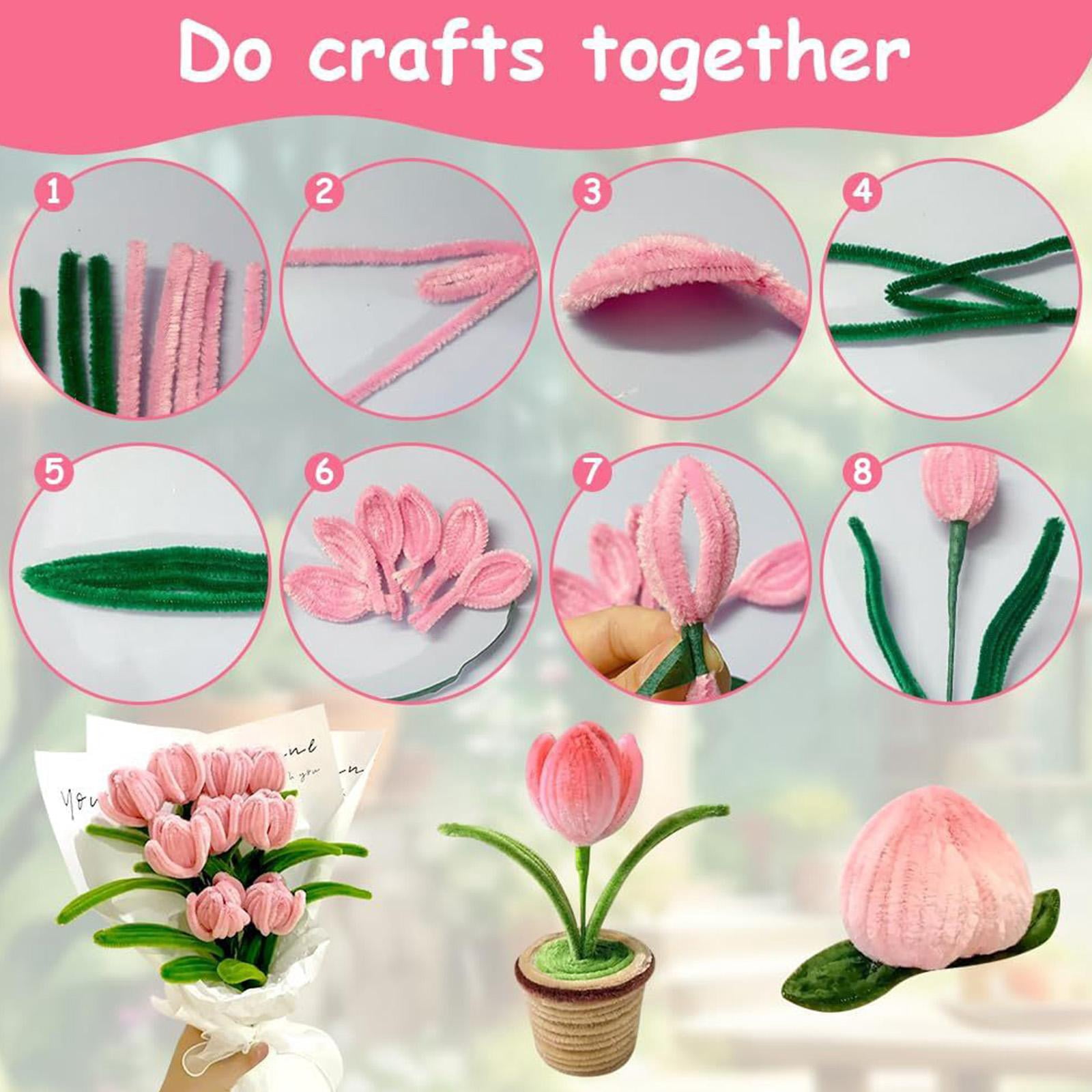 Pipe Cleaners Tulip Kit, Pink Tulip DIY Craft, Have 200 Count Pipe Cleaners Stem Floral Accessories, for Handmade DIY Flower Art Craft