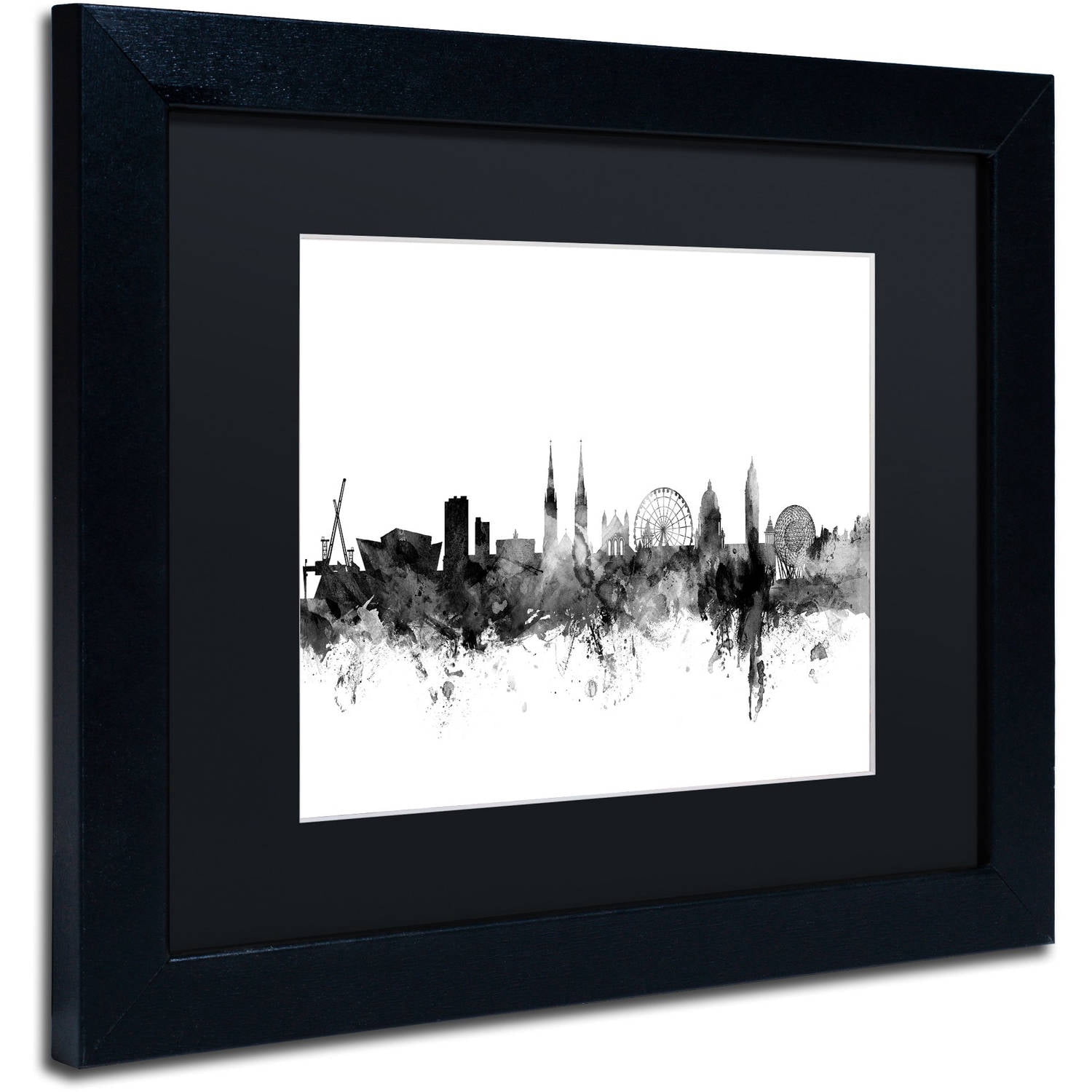 Trademark Fine Art "Belfast N. Ireland Skyline B&W" Canvas Art by Michael Tompsett, Black Matte, Black Frame