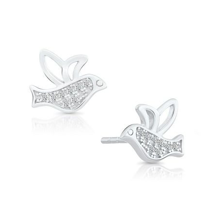 Tilo Jewelry 925 Solid Sterling Silver Stud Earrings with Bird Design & Cubic Zirconia CZ Stones for Women & Unisex