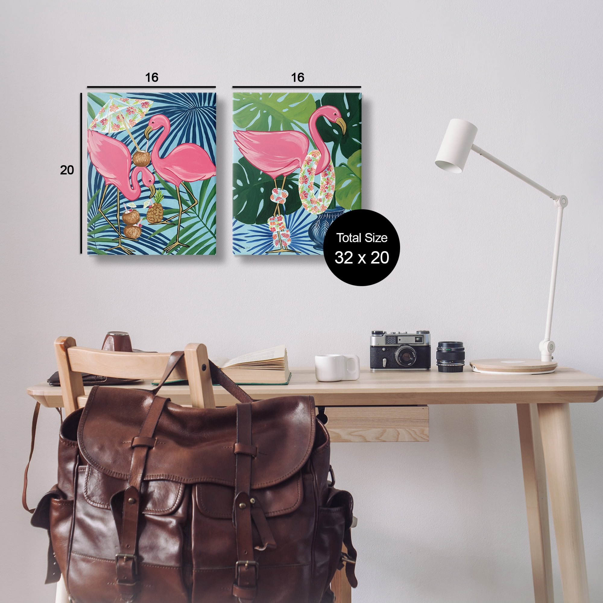 Stupell Industries Happy Hour Flamingos Animals Painting Wrapped Canvas Art Print Wall Art, 16 x 20, Set of 2